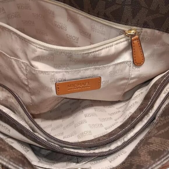 Michael Kors Handbag Brown Signature Harper Large Tote Logo Gold Chain East West - Picture 14 of 15